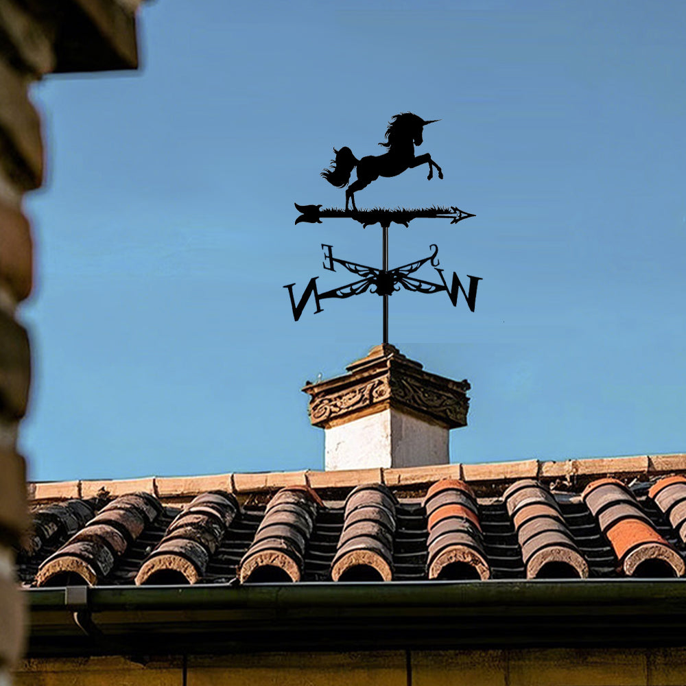 Unicorn metal weather vane with directional arrows and mounting rod, outdoor roof and garden decoration
