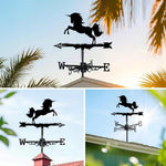Unicorn metal weather vane with directional arrows and mounting rod, outdoor roof and garden decoration