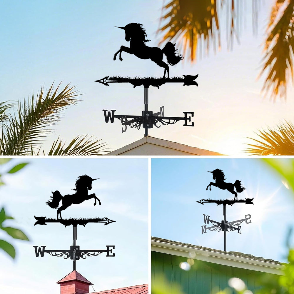 Unicorn metal weather vane with directional arrows and mounting rod, outdoor roof and garden decoration