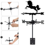 Unicorn metal weather vane with directional arrows and mounting rod, outdoor roof and garden decoration