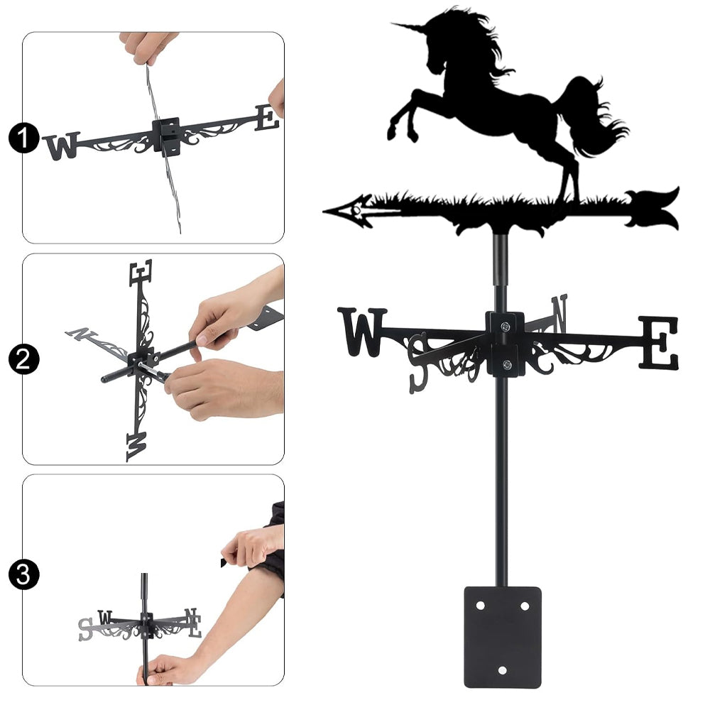 Unicorn metal weather vane with directional arrows and mounting rod, outdoor roof and garden decoration