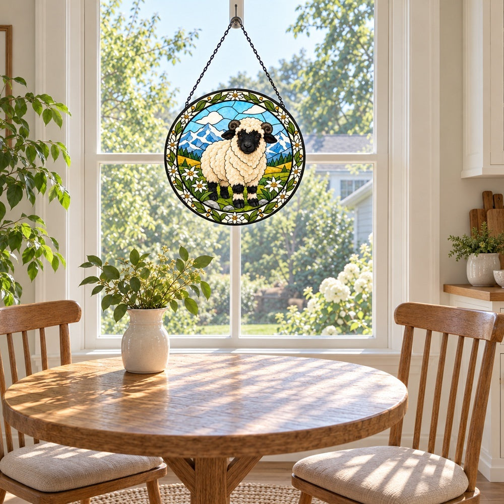 Valais blacknose sheep stained glass suncatcher window hanging, suitable for home and garden decoration