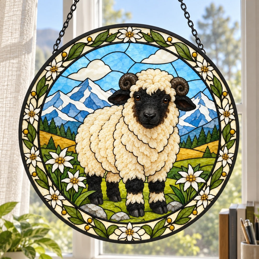 Valais blacknose sheep stained glass suncatcher window hanging, suitable for home and garden decoration