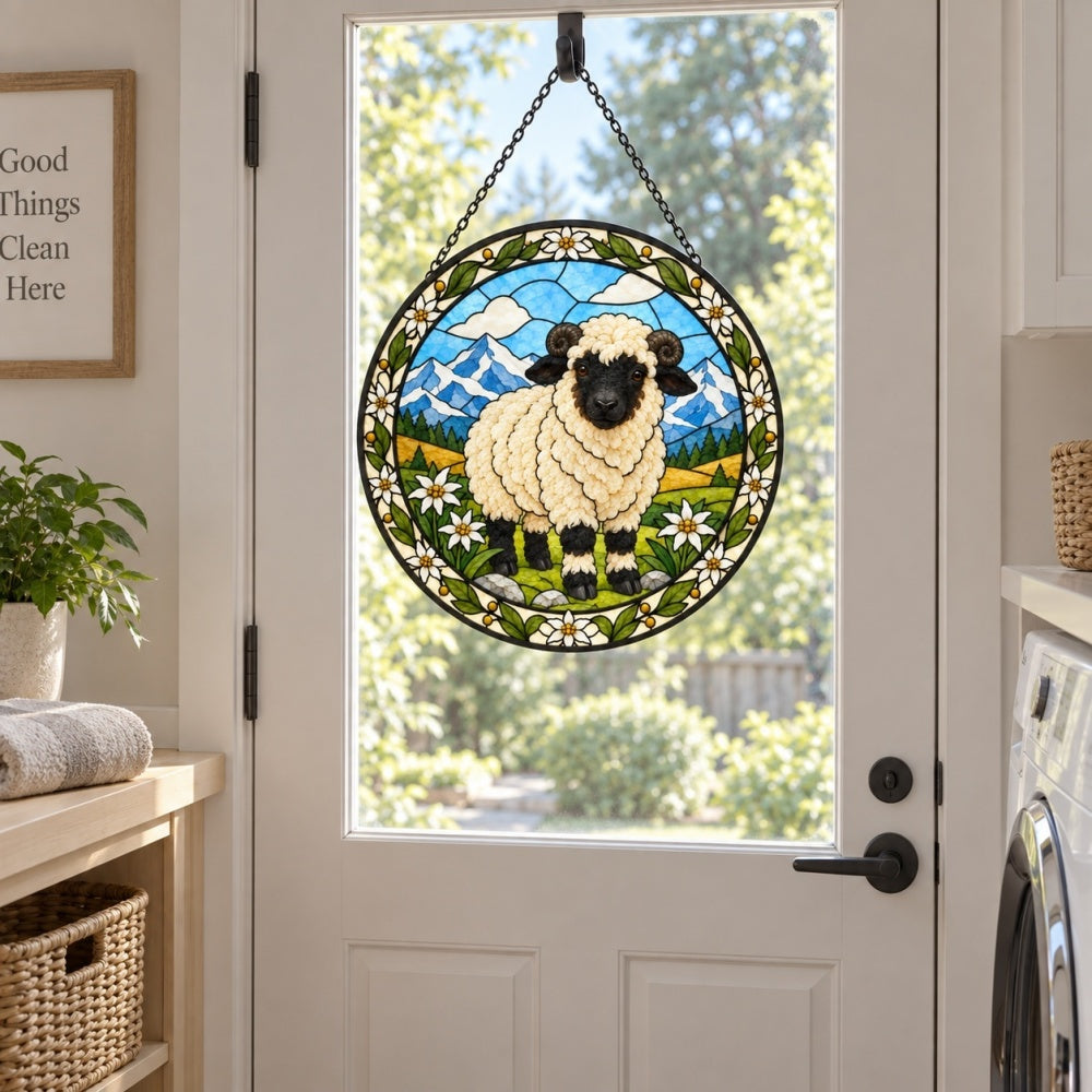 Valais blacknose sheep stained glass suncatcher window hanging, suitable for home and garden decoration