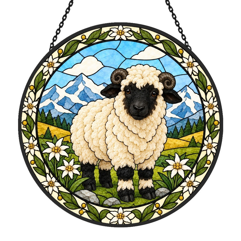 Valais blacknose sheep stained glass suncatcher window hanging, suitable for home and garden decoration
