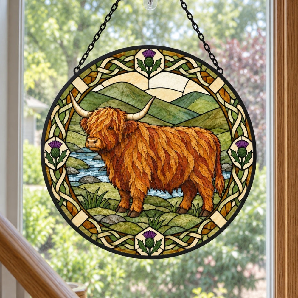 Valley highland cattle stained glass suncatcher window hanging, suitable for home and garden decoration
