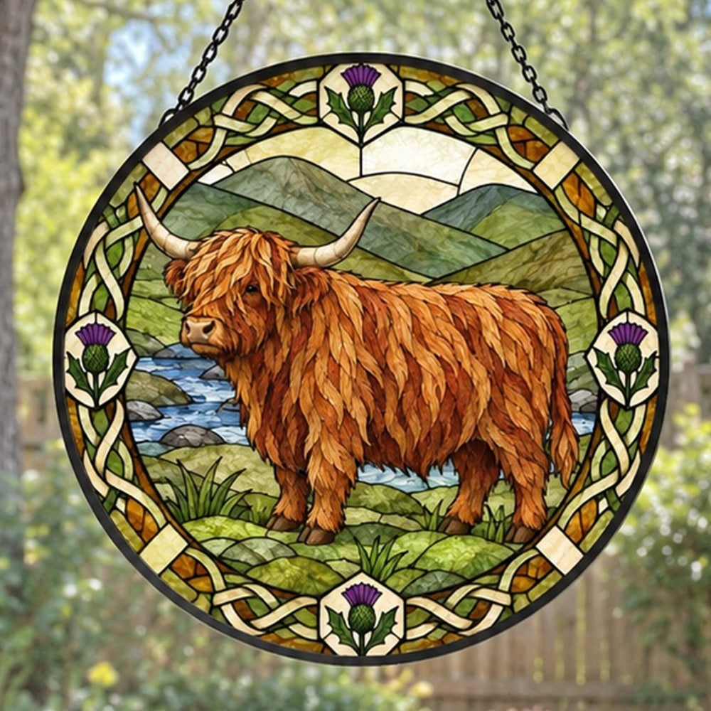 Valley highland cattle stained glass suncatcher window hanging, suitable for home and garden decoration