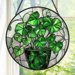 Vibrant botanical potted plant greenery stained glass suncatcher window hanging, suitable for home and garden decoration