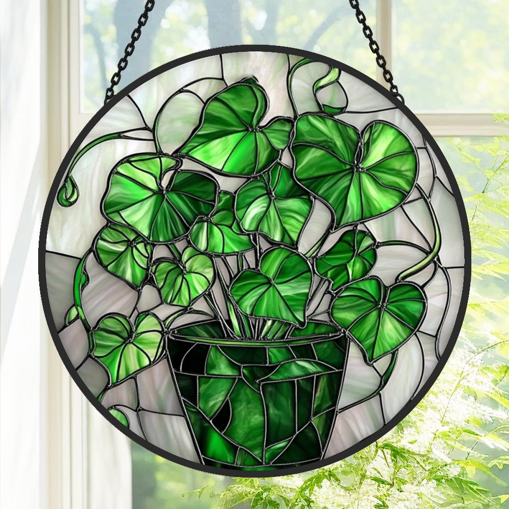 Vibrant botanical potted plant greenery stained glass suncatcher window hanging, suitable for home and garden decoration