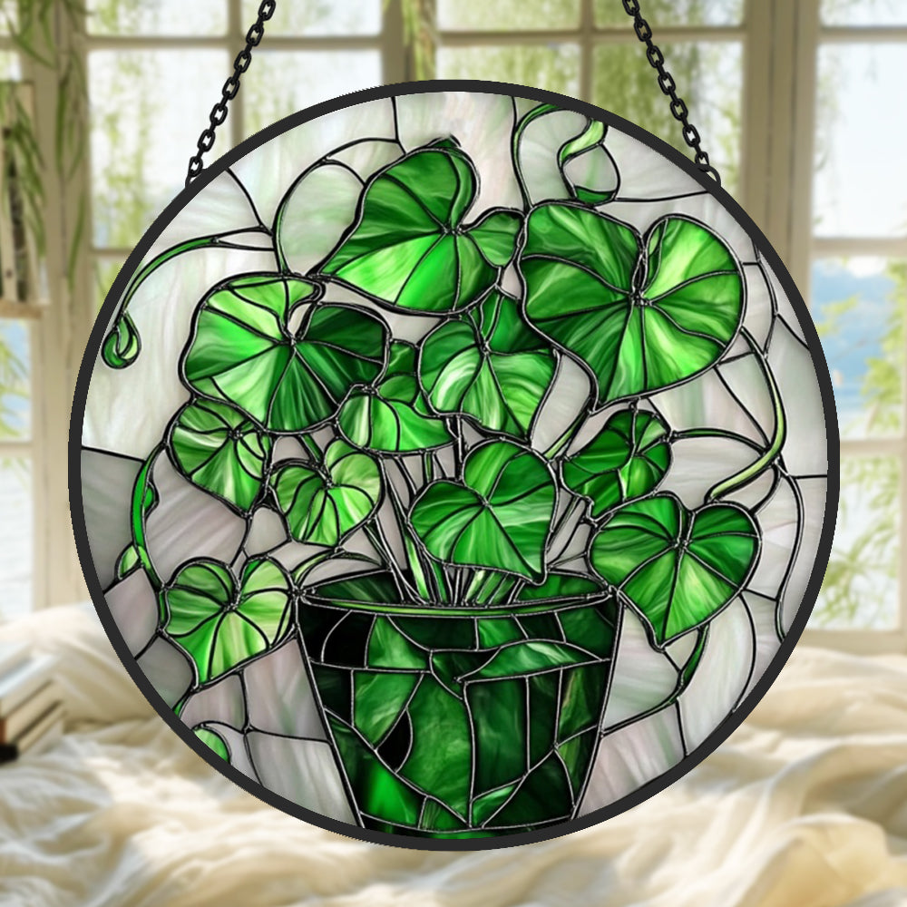 Vibrant botanical potted plant greenery stained glass suncatcher window hanging, suitable for home and garden decoration