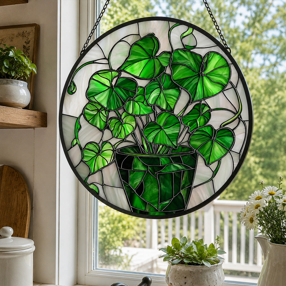 Vibrant botanical potted plant greenery stained glass suncatcher window hanging, suitable for home and garden decoration