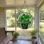 Vibrant botanical potted plant greenery stained glass suncatcher window hanging, suitable for home and garden decoration