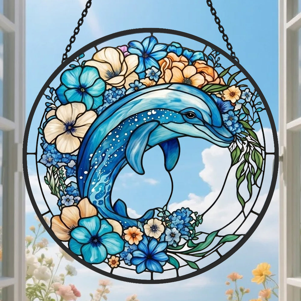 Vibrant floral garden dolphin stained glass suncatcher window hanging, suitable for home and garden decoration