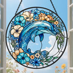 Vibrant floral garden dolphin stained glass suncatcher window hanging, suitable for home and garden decoration