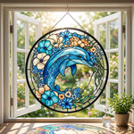 Vibrant floral garden dolphin stained glass suncatcher window hanging, suitable for home and garden decoration