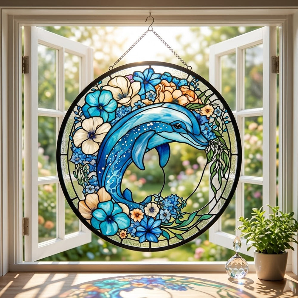 Vibrant floral garden dolphin stained glass suncatcher window hanging, suitable for home and garden decoration