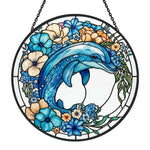 Vibrant floral garden dolphin stained glass suncatcher window hanging, suitable for home and garden decoration