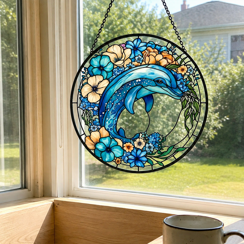 Vibrant floral garden dolphin stained glass suncatcher window hanging, suitable for home and garden decoration