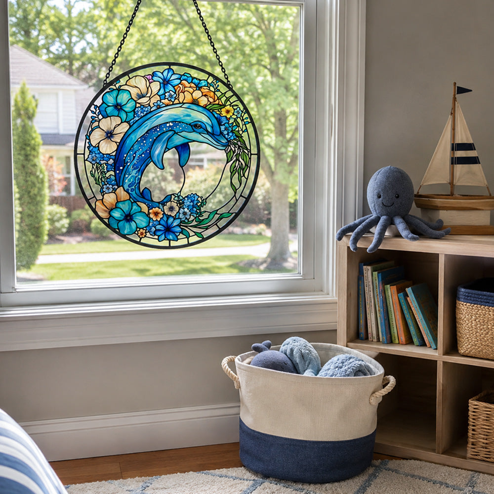 Vibrant floral garden dolphin stained glass suncatcher window hanging, suitable for home and garden decoration