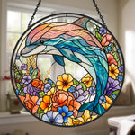 Vibrant floral meadow dolphin stained glass suncatcher window hanging, suitable for home and garden decoration