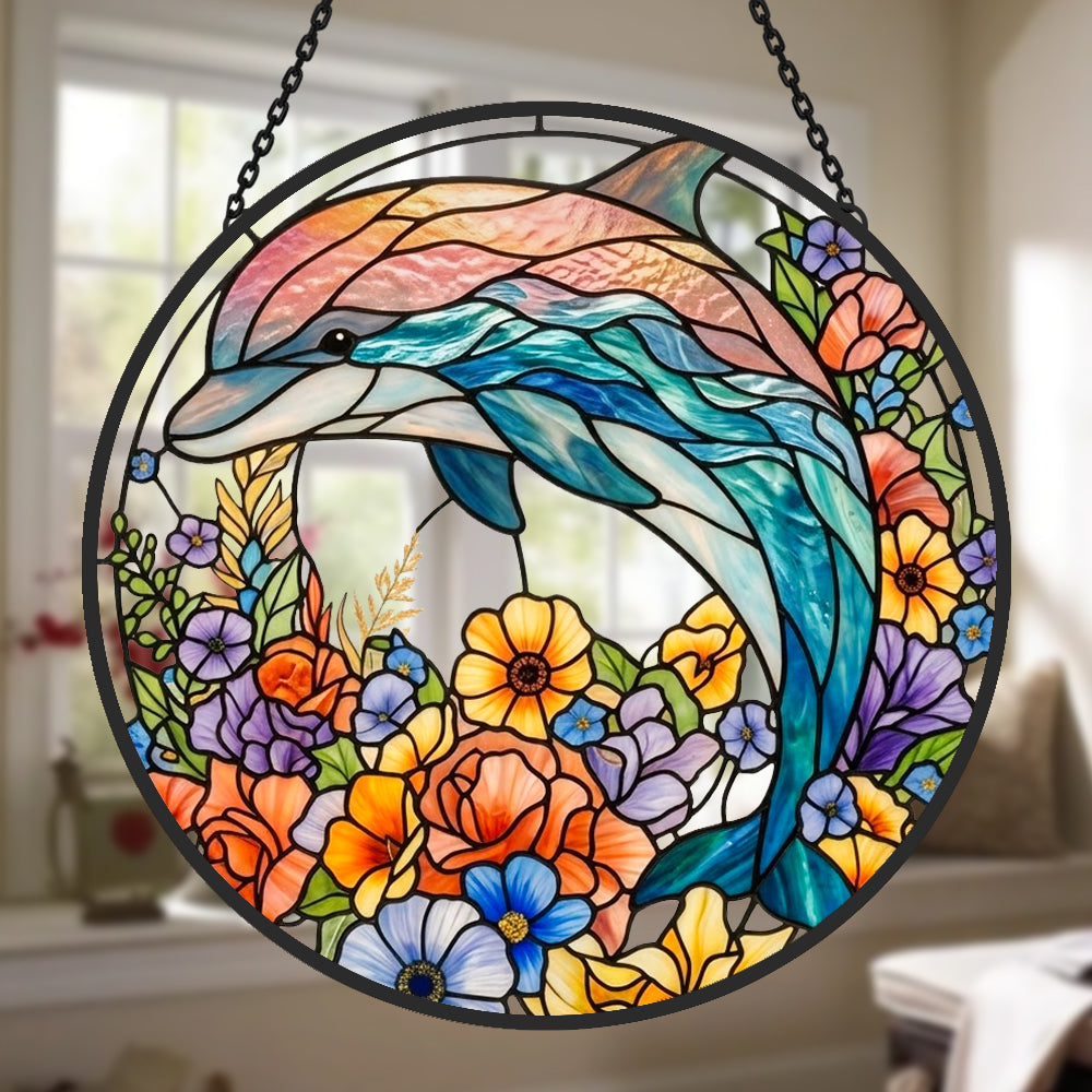Vibrant floral meadow dolphin stained glass suncatcher window hanging, suitable for home and garden decoration