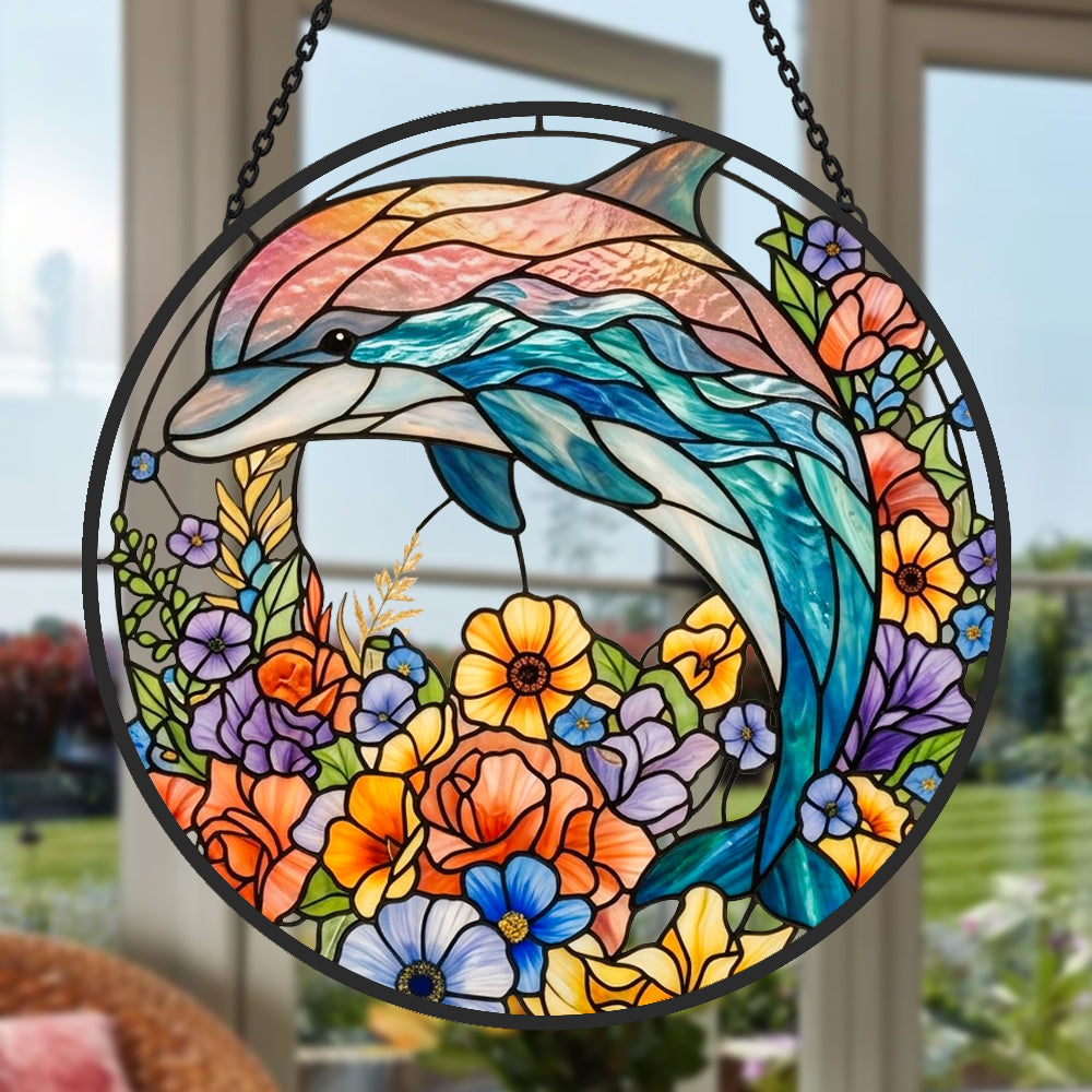Vibrant floral meadow dolphin stained glass suncatcher window hanging, suitable for home and garden decoration