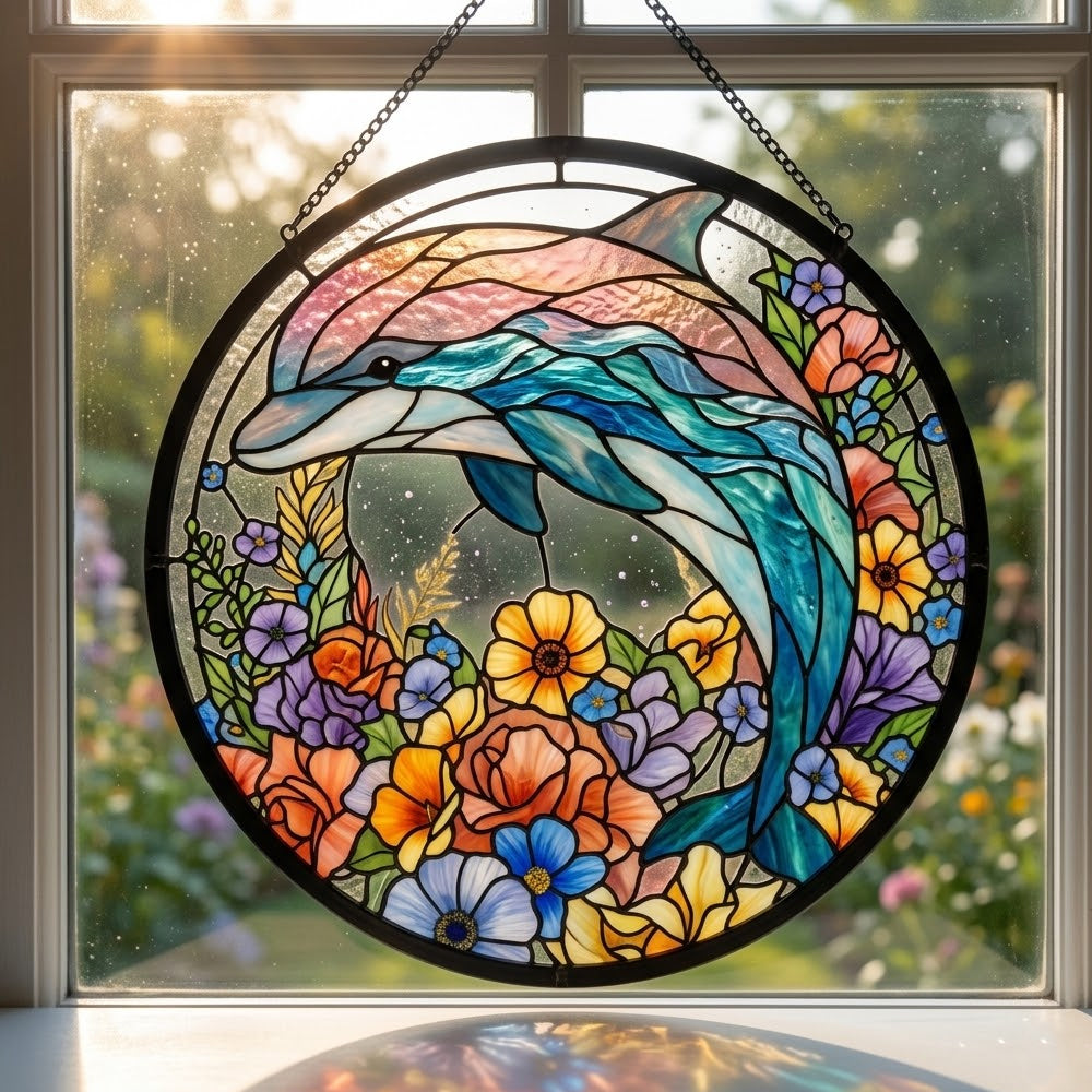 Vibrant floral meadow dolphin stained glass suncatcher window hanging, suitable for home and garden decoration