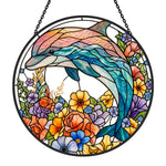 Vibrant floral meadow dolphin stained glass suncatcher window hanging, suitable for home and garden decoration