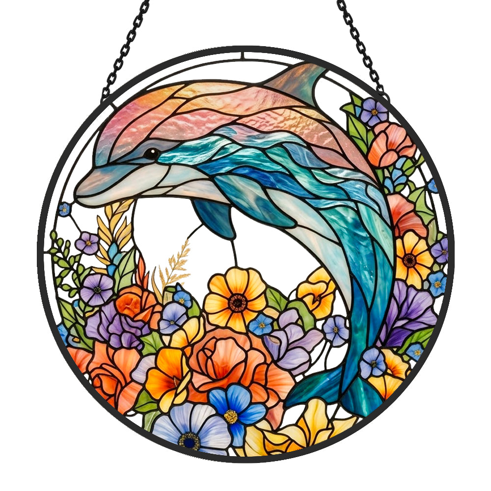 Vibrant floral meadow dolphin stained glass suncatcher window hanging, suitable for home and garden decoration