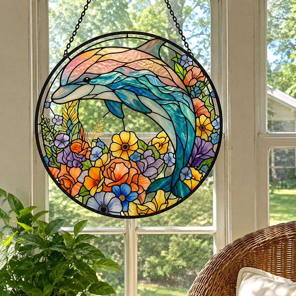 Vibrant floral meadow dolphin stained glass suncatcher window hanging, suitable for home and garden decoration