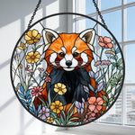 vibrant floral meadow red panda stained glass suncatcher window hanging, suitable for home and garden decoration.
