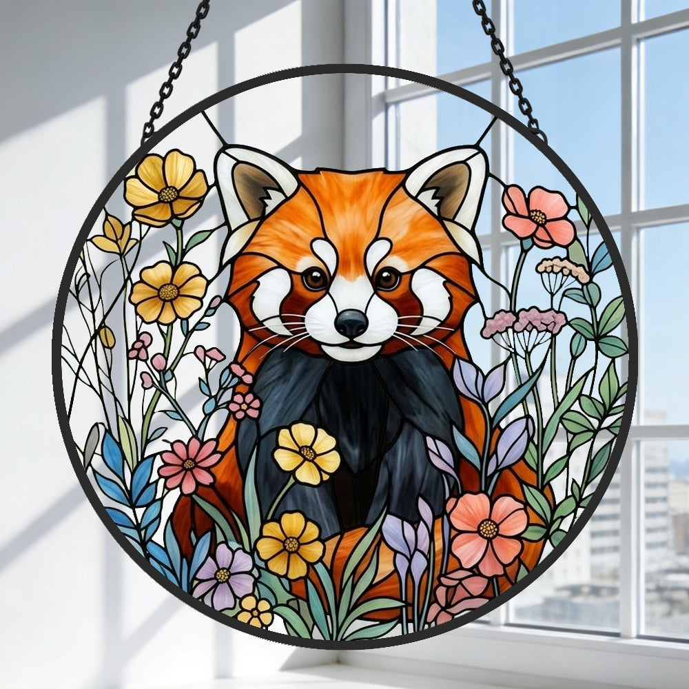 vibrant floral meadow red panda stained glass suncatcher window hanging, suitable for home and garden decoration.