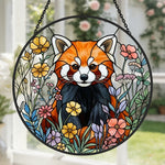 vibrant floral meadow red panda stained glass suncatcher window hanging, suitable for home and garden decoration.