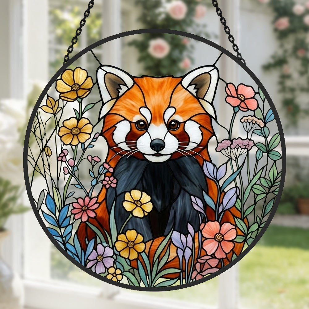 vibrant floral meadow red panda stained glass suncatcher window hanging, suitable for home and garden decoration.