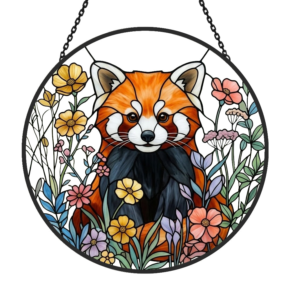vibrant floral meadow red panda stained glass suncatcher window hanging, suitable for home and garden decoration.