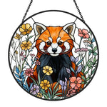 vibrant floral meadow red panda stained glass suncatcher window hanging, suitable for home and garden decoration.