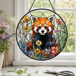 Vibrant floral meadow red panda stained glass suncatcher window hanging, suitable for home and garden decoration