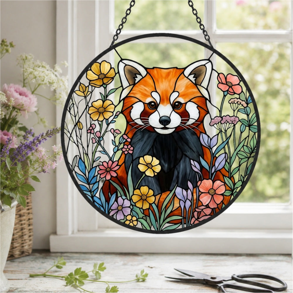 Vibrant floral meadow red panda stained glass suncatcher window hanging, suitable for home and garden decoration