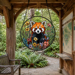 Vibrant floral meadow red panda stained glass suncatcher window hanging, suitable for home and garden decoration