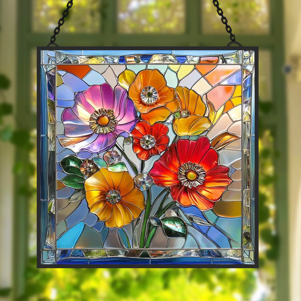 Vibrant wildflower poppies bouquet stained glass suncatcher window hanging, suitable for home and garden decoration