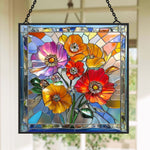Vibrant wildflower poppies bouquet stained glass suncatcher window hanging, suitable for home and garden decoration