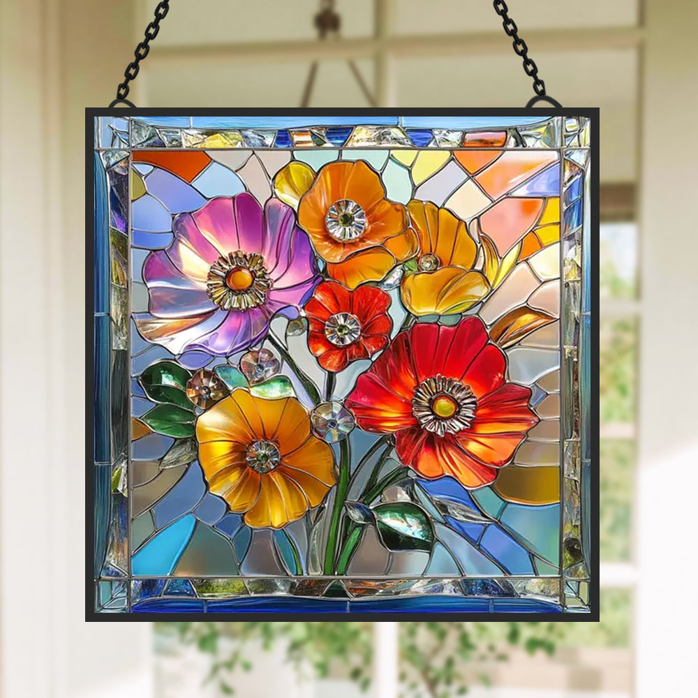 Vibrant wildflower poppies bouquet stained glass suncatcher window hanging, suitable for home and garden decoration