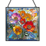 Vibrant wildflower poppies bouquet stained glass suncatcher window hanging, suitable for home and garden decoration