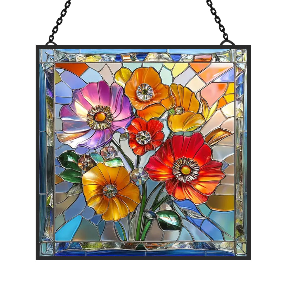 Vibrant wildflower poppies bouquet stained glass suncatcher window hanging, suitable for home and garden decoration