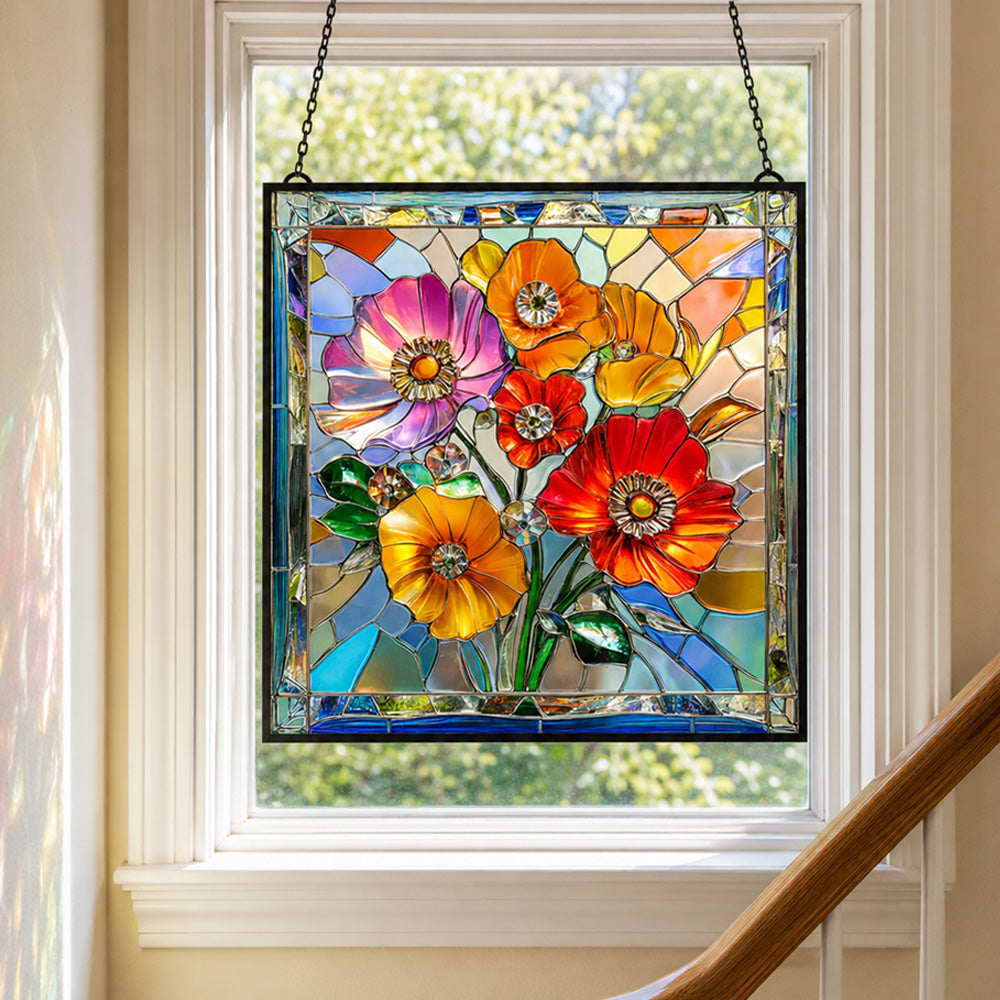 Vibrant wildflower poppies bouquet stained glass suncatcher window hanging, suitable for home and garden decoration