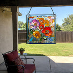 Vibrant wildflower poppies bouquet stained glass suncatcher window hanging, suitable for home and garden decoration
