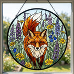 vibrant wildflower red fox stained glass suncatcher window hanging, suitable for home and garden decoration.