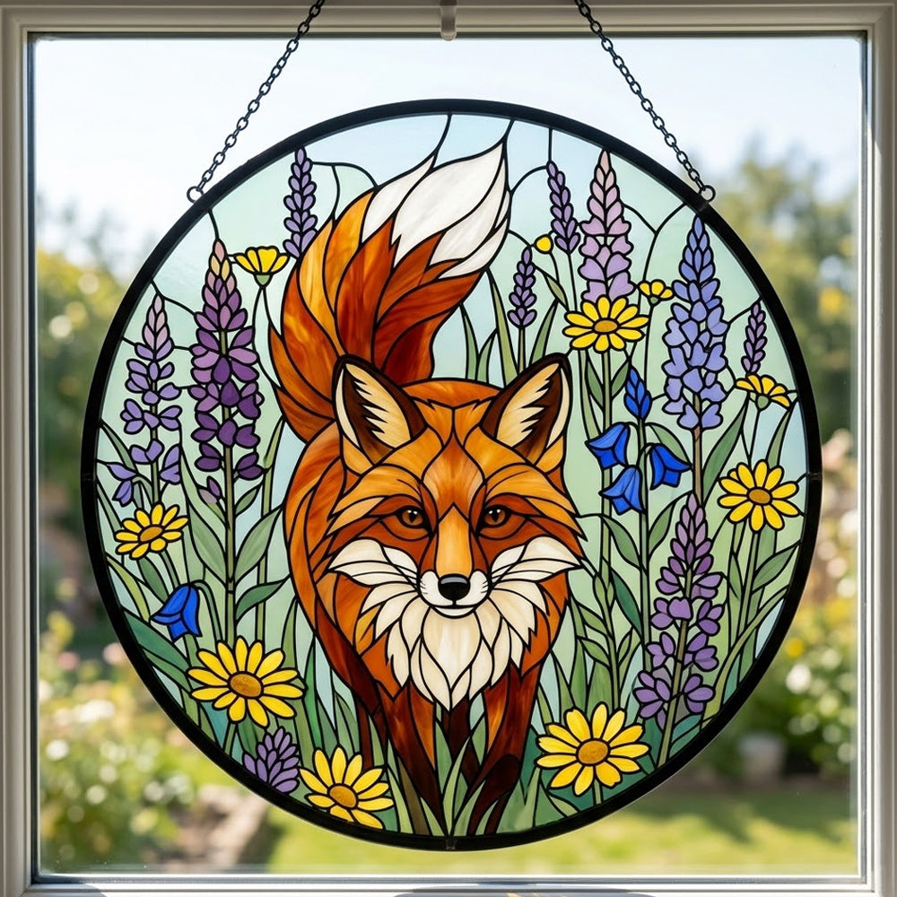 vibrant wildflower red fox stained glass suncatcher window hanging, suitable for home and garden decoration.
