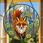 vibrant wildflower red fox stained glass suncatcher window hanging, suitable for home and garden decoration.