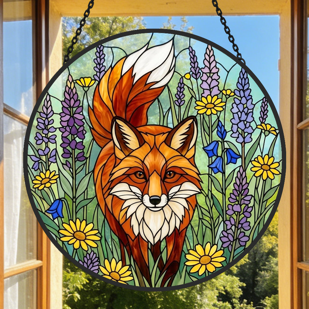vibrant wildflower red fox stained glass suncatcher window hanging, suitable for home and garden decoration.